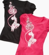 Fun and feminine girls t-shirt with a touch of ruffles on the sleeves plus a sequined flower being admired by a cat is uniquely Baby Phat styled.