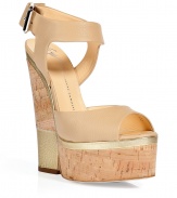 Luxe wedge sandal in supple, beige and gold leather - Peep-toe and double, 1.75 platform - Shiny hardware buckle adorns adjustable ankle strap - 6 cork wedge heel with metallic leather colorblock detail - Leather sole with rubber insert. Elegant neutral upper creates the appearance of a longer, leaner leg - Pair with a wide-leg, high-waisted pant, a classic pencil skirt or a wrap dress