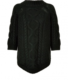 A fun take on a classic sweater - Made of dark green wool and acrylic, with a touch of alpaca fiber for a luxurious softness - Trendy design features asymmetrical hem, off-set button placket at back, stand-up collar and 3/4-length sleeves - Thick, chunky cable knit pattern - Style with slim jeans, mini-skirt or corduroy pants, and favorite boots