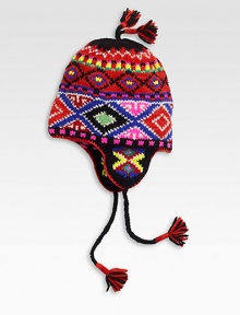 Warm and colorful wool hat covers the ears for maximum warmth.Tassel trim on top and tiesWoolDry cleanImported