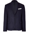 With a collegiate-cool aesthetic, this elegant wool blazer exudes urbane style - Narrow notched lapels, long sleeves, single button closure, flap pockets at waist, two-button closure, double back vent, slim fit - Pair with a sleek button down and slim trousers or jeans