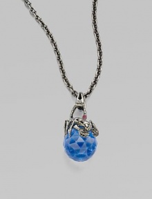 A darkened sterling silver creature, punctuated with pavé swarovski crystals, perches atop a vibrant sapphire crystal, suspended from a long delicate chain.Sapphire Swarovski crystal Black rhodium plated sterling silver Pendant, about 1½ Chain length, about 30 Lobster clasp Imported