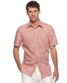 Soften up your summer look with this chambray shirt from Perry Ellis.