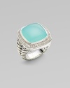 From the Albion Collection. Vibrant aqua chalcedony, richly framed in diamonds, on a sterling silver split cable band.Aqua chalcedony Diamonds, 0.48 tcw Sterling silver About ½ square Imported