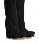 Fall goes luxe with these must-have suede wedge boots from the modern master of minimalism, Jil Sander - Round toe, front platform, high wedge heel, contrasting rubber sole, mid-shaft length, pull-on style - Style with pleated wool shorts, ribbed tights, and an oversized cashmere pullover