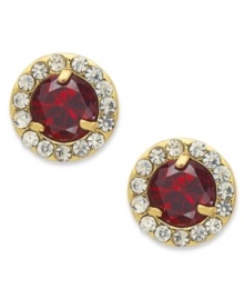 Drops of deep color are ignited by sparkling pave accents on Lauren Ralph Lauren's stud earrings. A round-cut glass bead sits at the center. Crafted in 14k gold-plated mixed metal. Approximate diameter: 3/8 inch.