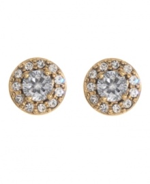 Get ultra-glamorous with simple studs. Betsey Johnson earrings feature sparkling, round-cut crystals in antique gold tone mixed metal.