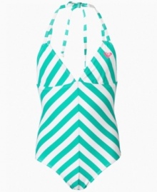 She can paddle out with a fun, fashionable look in this striped swimsuit from Roxy.