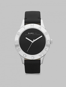 A clean and sleek style in stainless steel and supple, matte leather. Quartz movementWater resistant to 5 ATMRound stainless steel case, 40mm (1.6) Logo engraved bezelBlack dialSecond hand Black matte leather strapImported