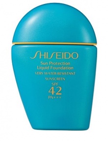 A liquid foundation that defends against powerful UVA/UVB rays as it provides a flawless makeup finish with full, non-sticky coverage. Resists perspiration, water, and oil, to maintain a soft matte look on skin, even during outdoor activities. Unites optimal sun protection with skin-caring makeup. Contains Thiotaurine, an antioxidant that neutralizes free radicals. Very water-resistant. Recommended by the Skin Cancer Foundation as an effective UV sunscreen.