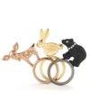 Chic critters! A deer, a rabbit and a bear add a cute, charming look to Betsey Johnson's stylish set of stacked rings. Made in rose gold tone, gold tone and hematite tone mixed metal, they're embellished with glittering glass accents. Wear them together or separately--either way, they're sure to be a perfect conversation piece! Size 7-1/2.