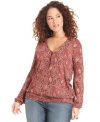 Look pretty in paisley with Lucky Brand Jeans' long sleeve plus size top, finished by a smocked hem.