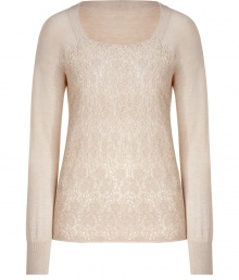 Stylish pullover in ultra-fine, almond viscose and cashmere blend - Elegant, on-trend lace overlay at chest - Flattering, round neckline and long sleeves - Slim cut, hits just below hips - A chic twist on a wardrobe staple - Ideal for both work and play, seamlessly transitions from day to evening - Pair with a pencil skirt, wide-leg trousers or a skinny pant