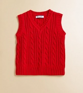 A colorful cable-knit vest is crafted in plush cotton for a cozy, festive layer.V-neckSleevelessPullover styleCottonMachine washImported