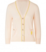 Bring preppy-cool to your casual staples with this classic cardigan from Juicy Couture - V-neck, front button placket with contrasting piping detail, front pockets with buttons and logo, side slits, slim fit - Pair with a pencil skirt or pleated trousers and a tie-neck blouse