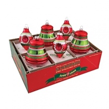 Vintage bell tulip ornaments in shiny red and green stripes with glittering accents.