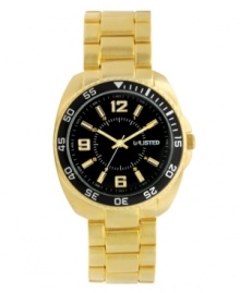 Classic styling meets gold-winning flair, by Unlisted. Wear-everywhere watch by Unlisted crafted of gold tone mixed metal bracelet and round case. Bezel features white numerals and stick markers. Black dial features gold tone numerals at six, nine and twelve o'clock, stick indices, minute track, three hands and logo at three o'clock. Quartz movement. Splash resistant. Two-year limited warranty.