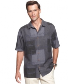 Modern makeover. This geometric print shirt from Tommy Bahama is a contemporary take on classic lounge style.