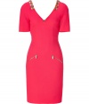 Radiant in neon pink with intricately embellished shoulders, Matthew Williamsons paneled wool sheath is as eye-catching as it is exquisite - V-neckline in front and back, short sleeves, embellished shoulders, slated front zip pockets, exposed metal back zip - Tailored fit - Wear with heels and a bright leather clutch