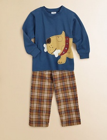 An adorable dog adorns the front of a long-sleeve tee paired with soft plaid pants. TeeRibbed crewneckLong sleeves with ribbbed cuffsDog appliqué Pants Elastic waistband with drawstringTwo front side pocketsTwo back flap pocketsCottonMachine washMade in USA of imported fabric