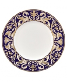 Embellished with intricate garlands, oval links and a fanciful dragon motif, this Wedgwood dinnerware evokes Europe's glorious Renaissance period. Rendered in deep blue and gold to transform any formal meal into a spectacular royal gala.