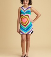 A colorful, tie-dye-inspired heart pattern is emblazoned on the front of this sweet knit style.Jewel necklineSleevelessA-linePull-on style85% rayon/15% spandexHand washImported