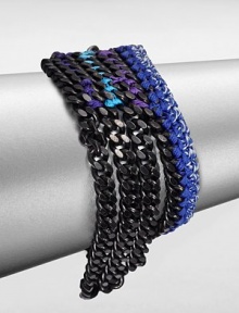 Inspired by cultures and travels around the world, this thread accented link chain design is elegant, yet colorful. Matte black-plated brassPolyester threadLength, about 6Lobster clasp closureMade in USA