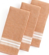 Throw in this towel & simplify the way your kitchen works. Made from a 100% cotton waffle weave, this stylish set adds a dash of color and a dose of versatility. Highly absorbent and durable, each towel is on the ready to tackle spills, messes and whatever comes the way of your busy kitchen!