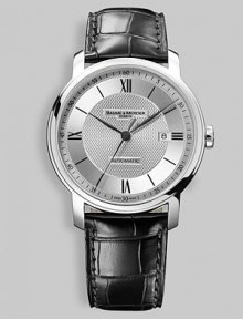 From the Classima Executives Collection. A luxurious timepiece with silver grain effect guilloche dial, date display and alligator strap.Automatic movement Water resistant to 30 meters Ultra thin stainless steel round case, 42mm, (1.65) Sapphire crystal Silver 'grain d'orge' guilloche dial Roman numeral and index hour markers Date display at 3 o'clock Second hand Alligator strap Adjustable triple folding clasp Made in Switzerland 