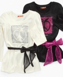 School style never looked so glam. This Apple Bottom shirt features a sparkly graphic and a versatile sequin tie that can be used as a belt, scarf or headband. (Clearance)