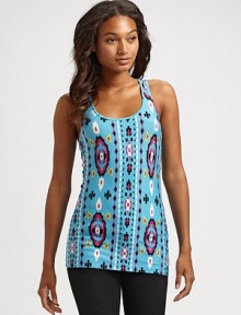 Impossibly comfy stretch modal knit with eclectic Aztec inspired patterns and lots of relaxed appeal.Scoop neckline Sleeveless Racerback About 30 from shoulder to hem 92% modal/8% spandex Machine wash Imported