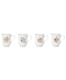 Mikasa offers a fresh take on a classic dinnerware pattern in Antique Garden mugs. Featuring the vintage-style porcelain of the Antique White collection combined with colorful floral prints.