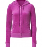 Paint color into your casual attire with this rich bougainvillea velour hoodie from Juicy Couture - Hooded, front zip closure, long sleeves, split kangaroo pocket - Slim fit - Pair with matching pants, favorite jeans, or mini-skirts