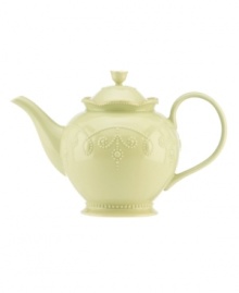 With fanciful beading and a feminine edge, this Lenox French Perle teapot has an irresistibly old-fashioned sensibility. Hardwearing stoneware is dishwasher safe and, in a soft pistachio hue with antiqued trim, a graceful addition to any meal. Qualifies for Rebate