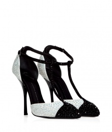 Black and white rhinestone pumps are a must for any glamorous look - Designed in soft leather with a sexy pointed toe, t-strap, ankle strap and sturdy heel - A wow shoe for cocktail dresses, leather pants or pencil skirts