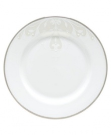 Refine your formal table with classic cream and white. Trimmed in platinum and accented with a raised dot and scroll pattern, this china dinnerware brings contemporary grace to special occasions. A pearlized finish adds subtle shimmer. Qualifies for Rebate