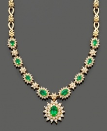 Establish everlasting elegance with this royalty-inspired necklace by Effy Collection. Filled with lovely detail, this necklace features oval and round-cut emeralds (3-3/8 ct. t.w.) and round-cut diamonds (2-1/3 ct. t.w.) set in 14k gold. Approximate length: 16 inches. Approximate drop: 1 inch.