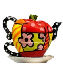 Pop art turned teapot. Stacked with the vivid colors and bold patterns of renowned pop artist Romero Britto, this big apple tea set serves it's purpose at the table and on display.