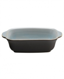 Handsome and understated from Denby dinnerware. Dishes, like the Sienna rectangular baker, feature a matte mocha surface and glazed blue interior for smart-casual style with steaming hot entrees.