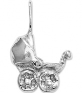 The perfect baby shower party favor, this adorable baby carriage charm is sweet and petite. Crafted in 14k white gold. Chain not included. Approximate length: 1/2 inch. Approximate width: 2/5 inch.