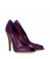 A bold jewel-tone hue and sultry python-embossed add trend-right appeal to these Casadei pumps - Peep-toe, ultra-high stiletto heel, python embossed leather - Wear with a flirty frock and style with a statement clutch