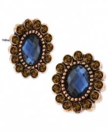 Classic cool. This set of button earrings from 2028, crafted from copper-tone mixed metal and faceted blue stones with ornate craftwork, evokes the elegance of a different era. Approximate length: 3/4 inch. Approximate width: 1/2 inch.