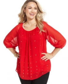 Shine from day to night in AGB's three-quarter-sleeve plus size top, showcasing a studded front.