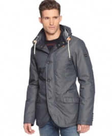 Armani Jeans takes traditional tailoring to the great outdoors: A hooded and quilted cotton-blend jacket styled like a sport coat-right down to the elbow patches.