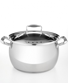 Simple, one-step straining. This pot's beautiful bell-shaped body, made of durable stainless steel, enhances heat and moisture circulation for extraordinary results. When ready to serve, simply tip and drain through the handy holes built into the locking lid. Limited lifetime warranty.