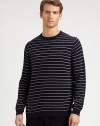 Thin horizontal stripes add a cool touch to this easy crewneck sweater in soft merino wool.Ribbed crewneckLong sleeves with ribbed cuffsRibbed hem50% merino wool/50% acrylicDry cleanImported