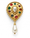 THE LOOKByzantine collectionTeardrop-shaped designDrop faux pearl detailColored glass stone and faux pearl accents24k electroplated gold settingLatch closureTHE MEASUREMENTWidth, about 3Length, about 6ORIGINMade in USA