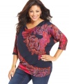 A paisley print beautifies Jones New York Signature's three-quarter-sleeve plus size top-- dress it up with trousers or down with denim.