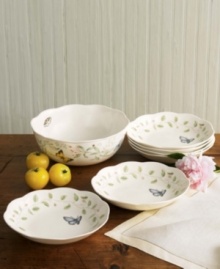 A floral and butterfly pattern featuring monarchs, dragonflies, tiger swallowtails and blue butterflies lends your tabletop a romantic, whimsical sensibility. Qualifies for Rebate