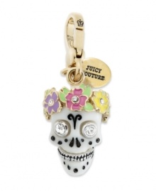 Juicy Couture brings death-defying fashion with this skull charm. With colorful epoxy, glass accents, logo tag and lobster clasp. Crafted in gold tone mixed metal. Approximate drop: 2-1/2 inches.